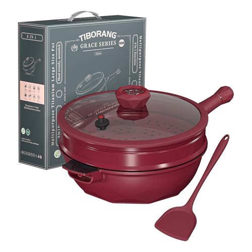 TIBORANG 8 in 1 Multipurpose 11 Inch 5 Quart Heat Indicator Nonstick Deep Frying Pan with Glass Lid,Stay-cool Handle,Steamed Grid,PFOA-Free,Dishwasher&Oven Safe,Works with All Stovetops(Ruby Red) - Image 1