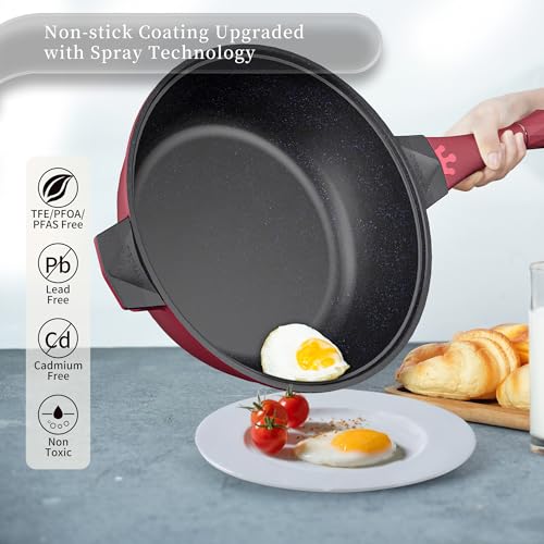 TIBORANG 8 in 1 Multipurpose 11 Inch 5 Quart Heat Indicator Nonstick Deep Frying Pan with Glass Lid,Stay-cool Handle,Steamed Grid,PFOA-Free,Dishwasher&Oven Safe,Works with All Stovetops(Ruby Red) - Image 4