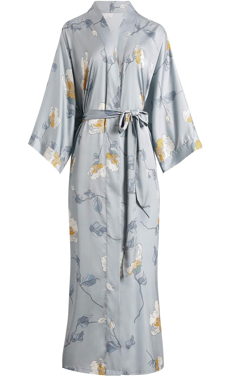 Aensso long lightweight soft silky robes for womenfloral bridal bridesmaid wedding kimonos robeGrey