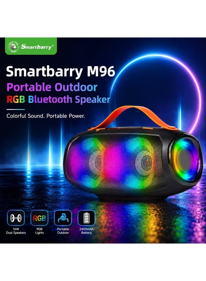 Smartbarry M96 Portable Bluetooth Speaker 16W High Power Dual Speakers Deep Bass RGB Light Effects Rechargeable Battery Waterproof Dustproof USB TF Card Music Player Black Orange - Image 2