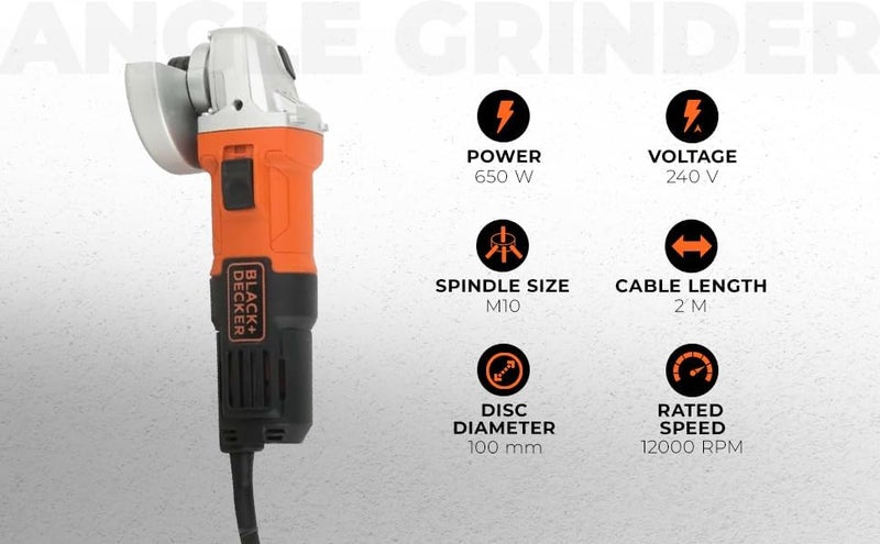 BLACK+DECKER G650-IN, 650W 4''/100mm Angle Grinder (Corded) for Grinding, Polishing and Cutting with Spindle Lock and Slide switch, 1 Year Warranty (SIDE HANDLE INCLUDED) - Image 2