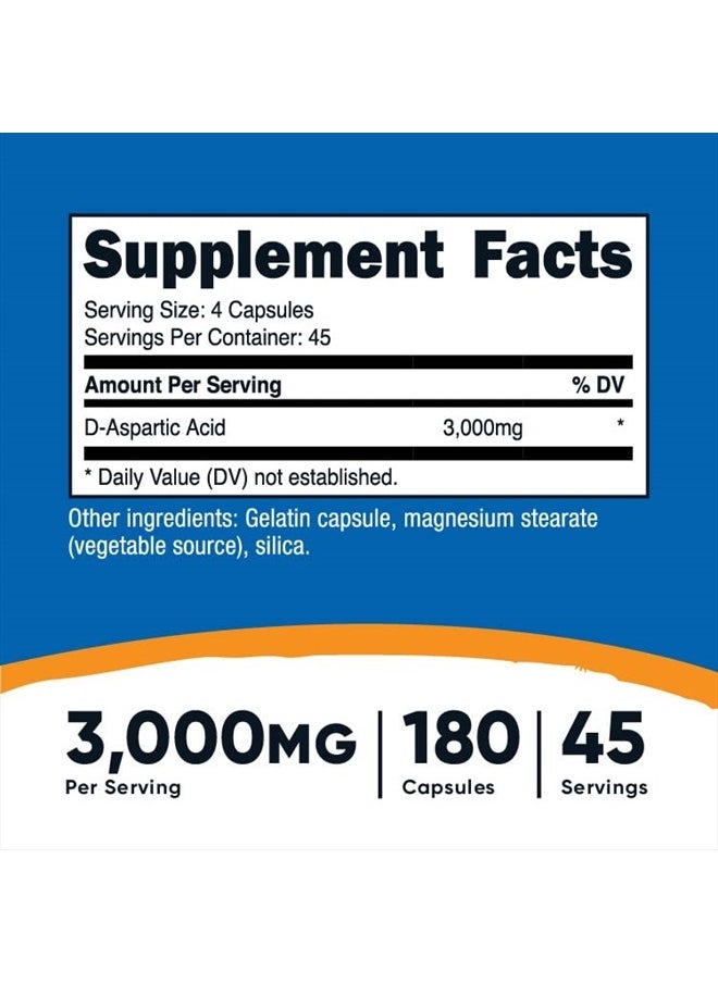 Nutricost - D-Aspartic Acid Capsules 3000mg Per Serving - 180 Capsules, Non-GMO - Image 1