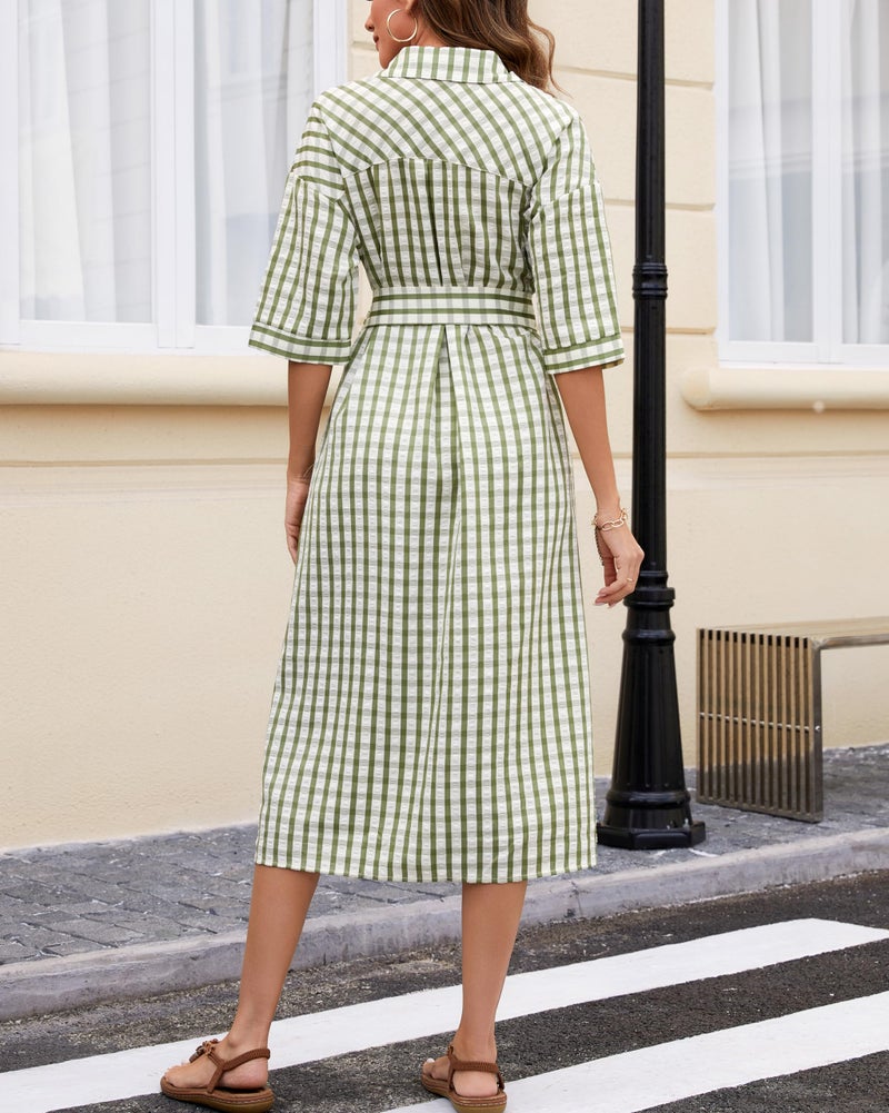 YEXPINE Women's Half Sleeve Plaid Maxi Dress 2026 Spring Summer Gingham Casual Button Down Long Loose Belted Dress Light Green - Image 4