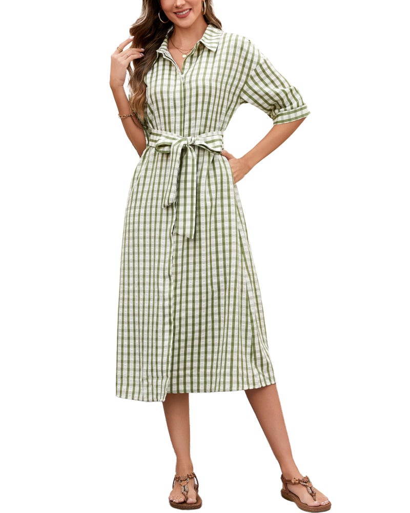 YEXPINE Women's Half Sleeve Plaid Maxi Dress 2026 Spring Summer Gingham Casual Button Down Long Loose Belted Dress Light Green - Image 1