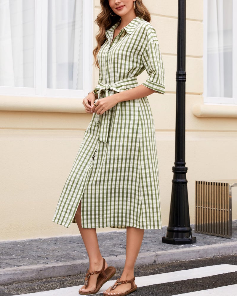 YEXPINE Women's Half Sleeve Plaid Maxi Dress 2026 Spring Summer Gingham Casual Button Down Long Loose Belted Dress Light Green - Image 3