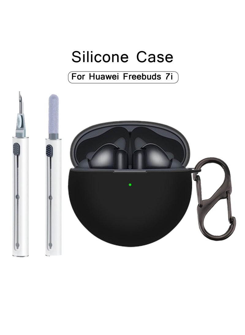 Case for Huawei FreeBuds 7i Earbuds,Soft Silicone Protective Cover with Carabiner, Shockproof with cleaning tools(Black) - Image 2