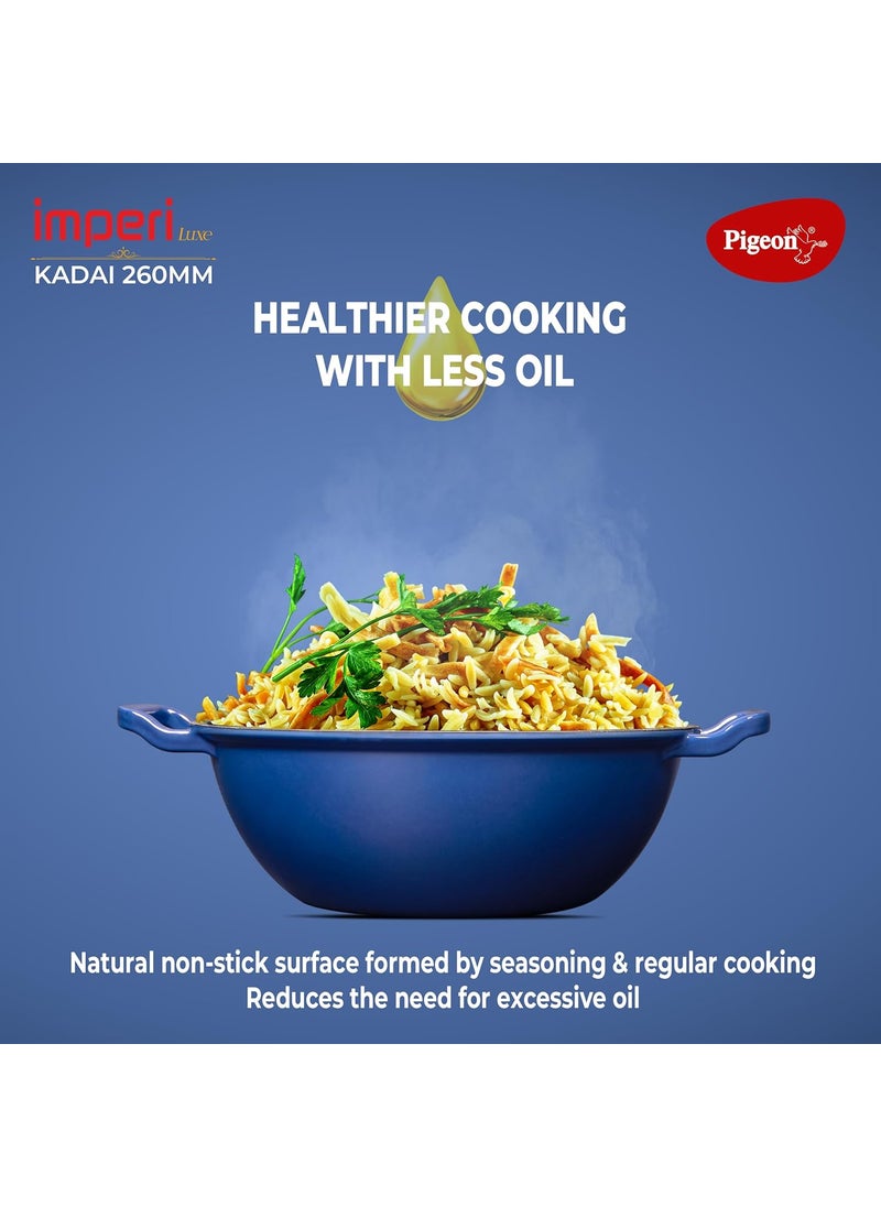 pigeon Pigeon by Stovekraft Cast Iron Kadai with Cast Iron Lid | Medium, 26 cm | Enamel Coated | Luxurious Mirror Finish | Toxin-Free | High Pressure Casting | Cook with Style, Elegance & Comfort  - Image 3