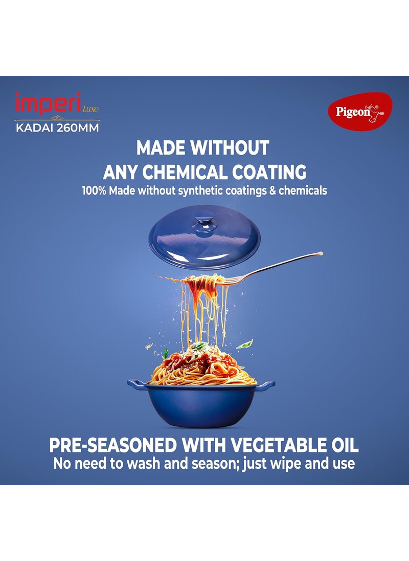 pigeon Pigeon by Stovekraft Cast Iron Kadai with Cast Iron Lid | Medium, 26 cm | Enamel Coated | Luxurious Mirror Finish | Toxin-Free | High Pressure Casting | Cook with Style, Elegance & Comfort  - Image 4