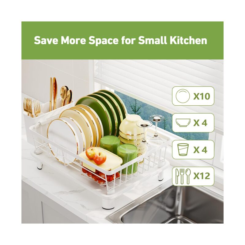 Dish Drainer Rack with Drip Tray, Sink Dish Drainer with Drainage Spout, Stainless Steel Dish Drying Rack with Cups, Utensil & Cutting Board Holders for Kitchen Counter Space-Saving, White - Image 4