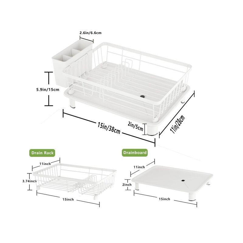 Dish Drainer Rack with Drip Tray, Sink Dish Drainer with Drainage Spout, Stainless Steel Dish Drying Rack with Cups, Utensil & Cutting Board Holders for Kitchen Counter Space-Saving, White - Image 2