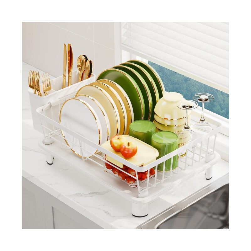 Dish Drainer Rack with Drip Tray, Sink Dish Drainer with Drainage Spout, Stainless Steel Dish Drying Rack with Cups, Utensil & Cutting Board Holders for Kitchen Counter Space-Saving, White - Image 1