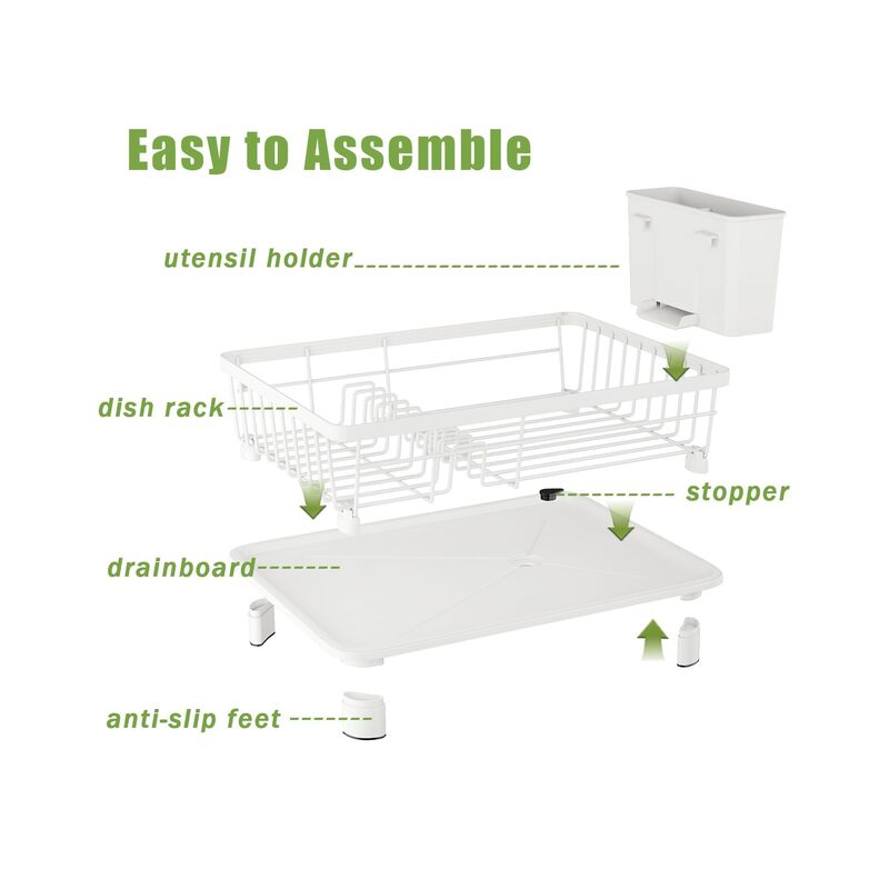 Dish Drainer Rack with Drip Tray, Sink Dish Drainer with Drainage Spout, Stainless Steel Dish Drying Rack with Cups, Utensil & Cutting Board Holders for Kitchen Counter Space-Saving, White - Image 3