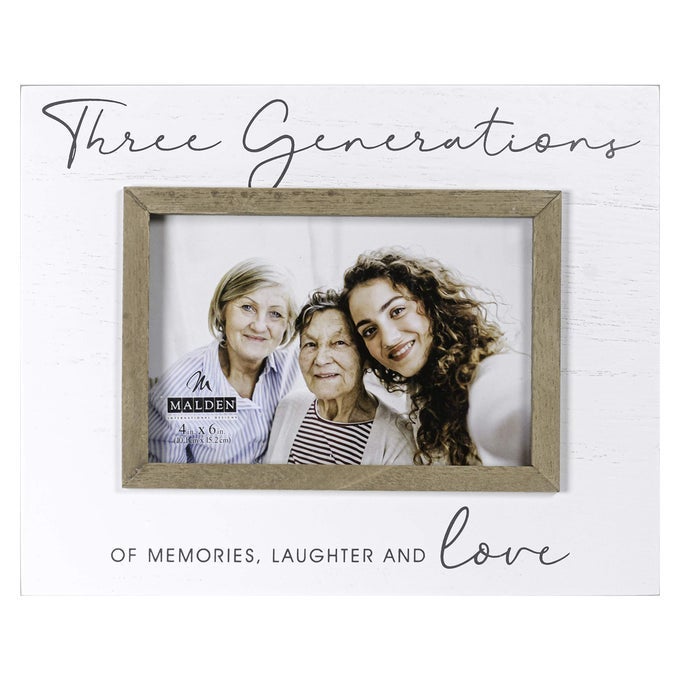 INTERNATIONAL DESIGNS 4X6 THREE GENERATIONS SCRIPT SENTIMENTS PICTURE FRAME THREE GENERATIONS OF MEMORIES LAUGHTER AND LOVE WHITE MDF WOOD FRAME RAISED BROWN INNER WOOD MOULDING