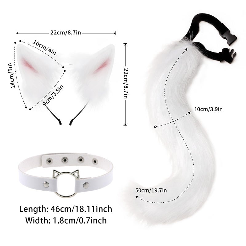 hbbhml Furry Animal Cat Fox Tail Faux Fur Wolf Ear Headband Leather Neck Chocker Costume Set for Party Halloween Cosplay - Image 2