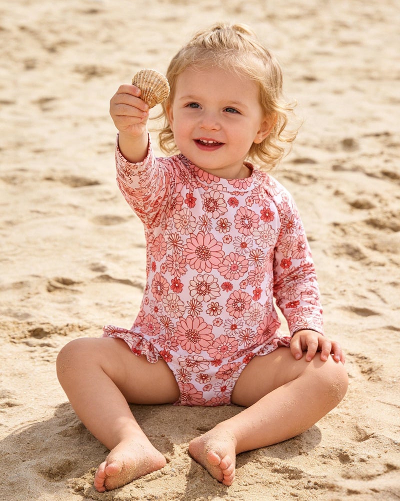 SODLON Baby Girl Swimsuit 6-12 Months Dark Pink Daisy Long Sleeve One-Piece Infant Bathing Suit Girl Beach Hat Swimwear - Image 2