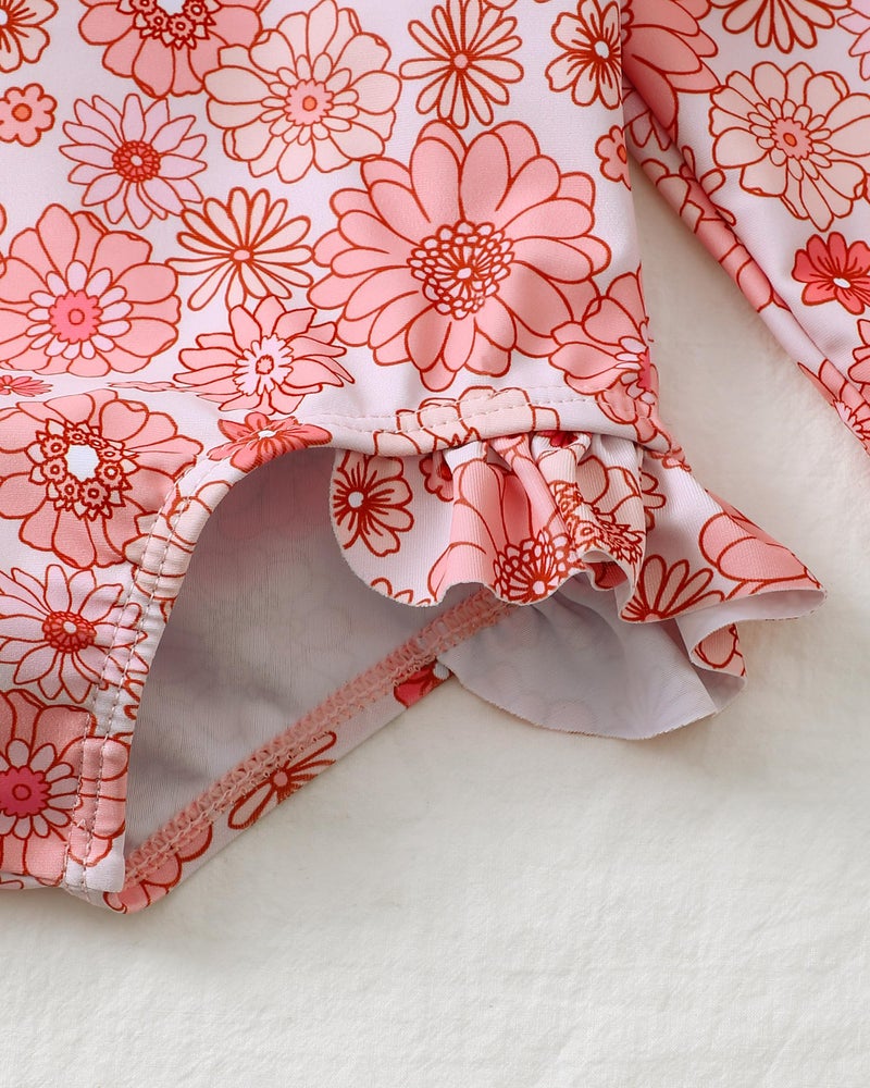 SODLON Baby Girl Swimsuit 6-12 Months Dark Pink Daisy Long Sleeve One-Piece Infant Bathing Suit Girl Beach Hat Swimwear - Image 5