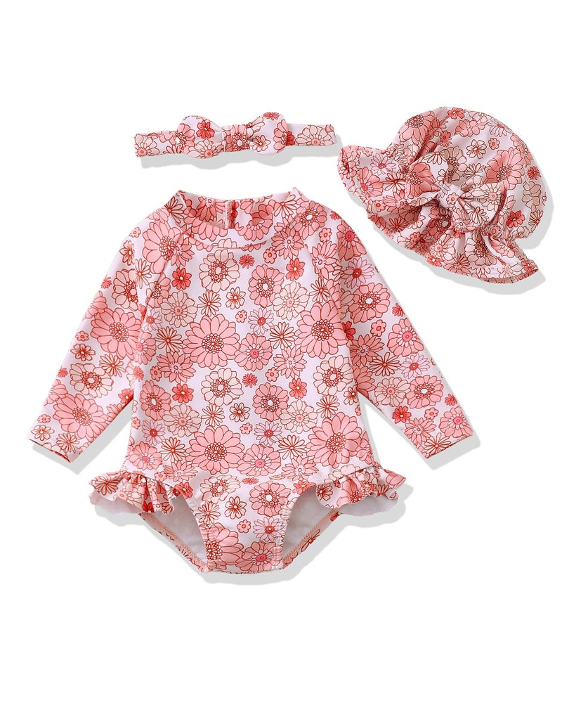 SODLON Baby Girl Swimsuit 6-12 Months Dark Pink Daisy Long Sleeve One-Piece Infant Bathing Suit Girl Beach Hat Swimwear - Image 1
