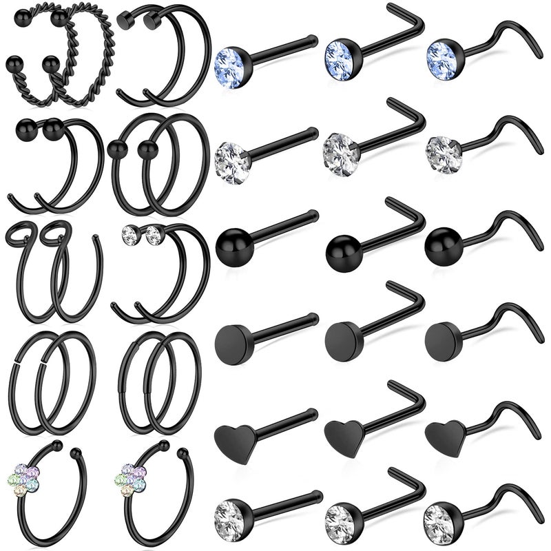 ONESING 36 Pcs Nose Rings - Hoops, L Shape, Studs, Hypoallergenic Stainless Steel Nose Rings for Women & Men - Image 1