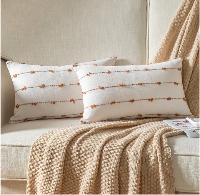 BOHO THROW PILLOW COVERS 18X18 INCHES BEIGE AND BROWN SET OF 2 MODERN FARMHOUSE DECORATIVE PILLOW COVERS FOR COUCH BED LIVING ROOM