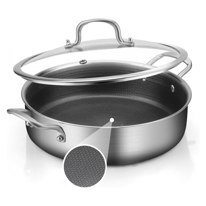 YEKSUM Stainless Steel 5 Quarts Saute Pan with lids, Nonsitck 12.5 inch Tri-Ply Jumbo Cooker, 3 Layer Deep Frying pan with Stay Cool Handle, Dishwasher and Metal Utensil Safe - Image 1