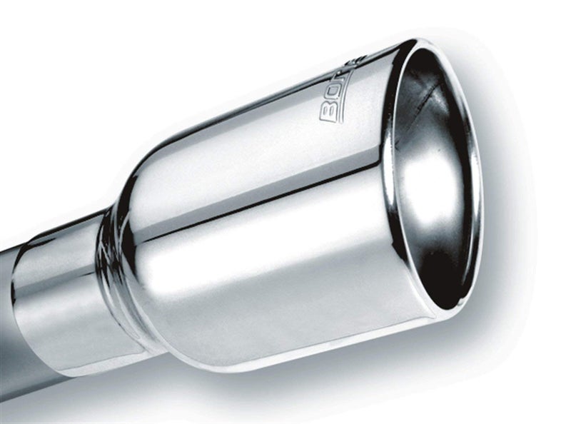 BORLA 20156 Exhaust Tip 2.5" Inlet - 4" Single Round Rolled-Edge Angle-Cut Lined Outlet - 6.25" Long Exhaust Tip Embossed with BORLA Logo. Clamp On Mounting Method. Clamp Included. - Image 1