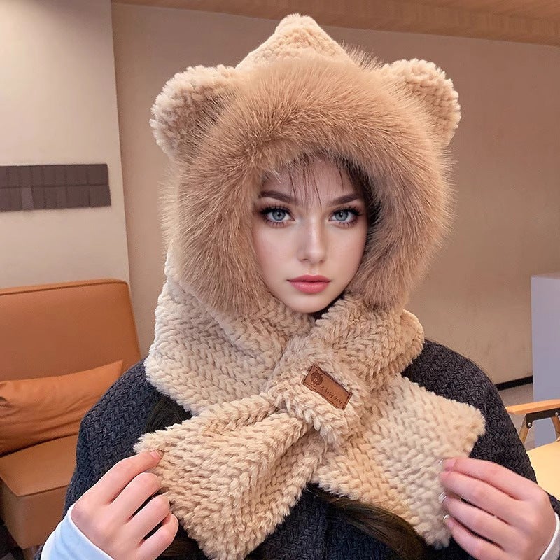 Cute Cat Ear Knit Beanie Women Autumn Winter Fashion Warm 680 camel two-piece set [round ear-big Mao Mao hat brim]]