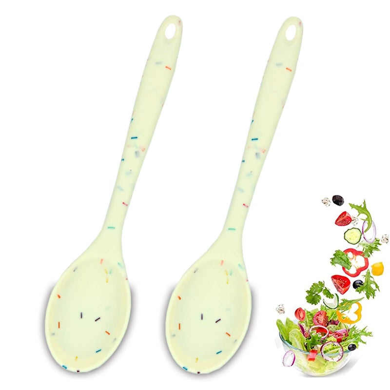 2 Pcs Silicone Spoons for Cooking Heat Resistant Hygienic Design Cooking Utensi Rubber Spoons for Kitchen Cooking Baking Stirring Mixing Tools Rainbow White