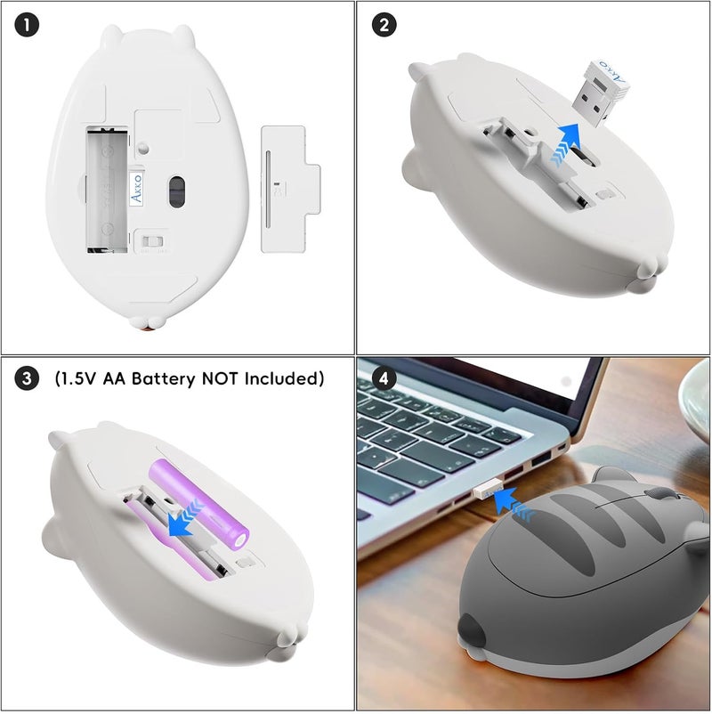 Akko Cute Wireless Mouse Cat Theme, 3200 DPI Gaming Mouse, Tri-Mode Connection Bluetooth 3.0/5.0/2.4G USB A Receiver, Quiet Click, Cute Cordless Cartoon Mice for Laptop/PC (Gray Mimo) - Image 4