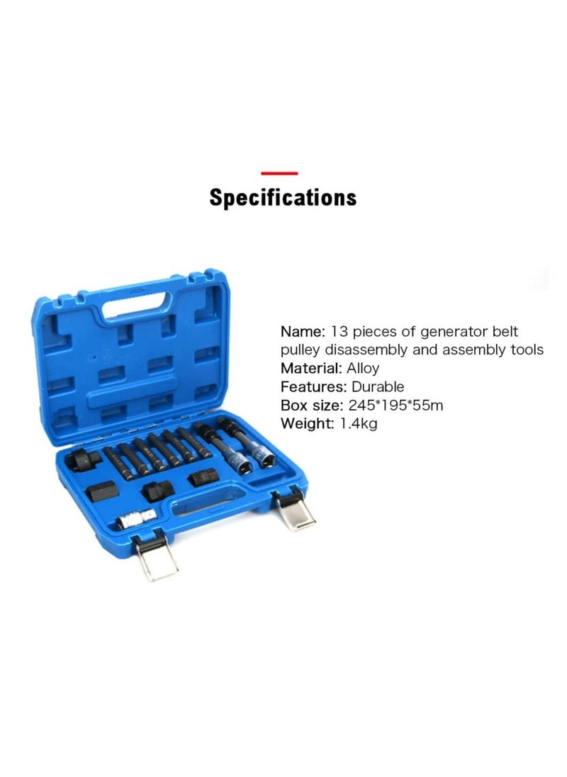 Generic - 13 Pieces Alternator Pulley Remove and Install Tool Set Generator Belt Pulley Disassembly Wrench Pulley Remover - Image 1