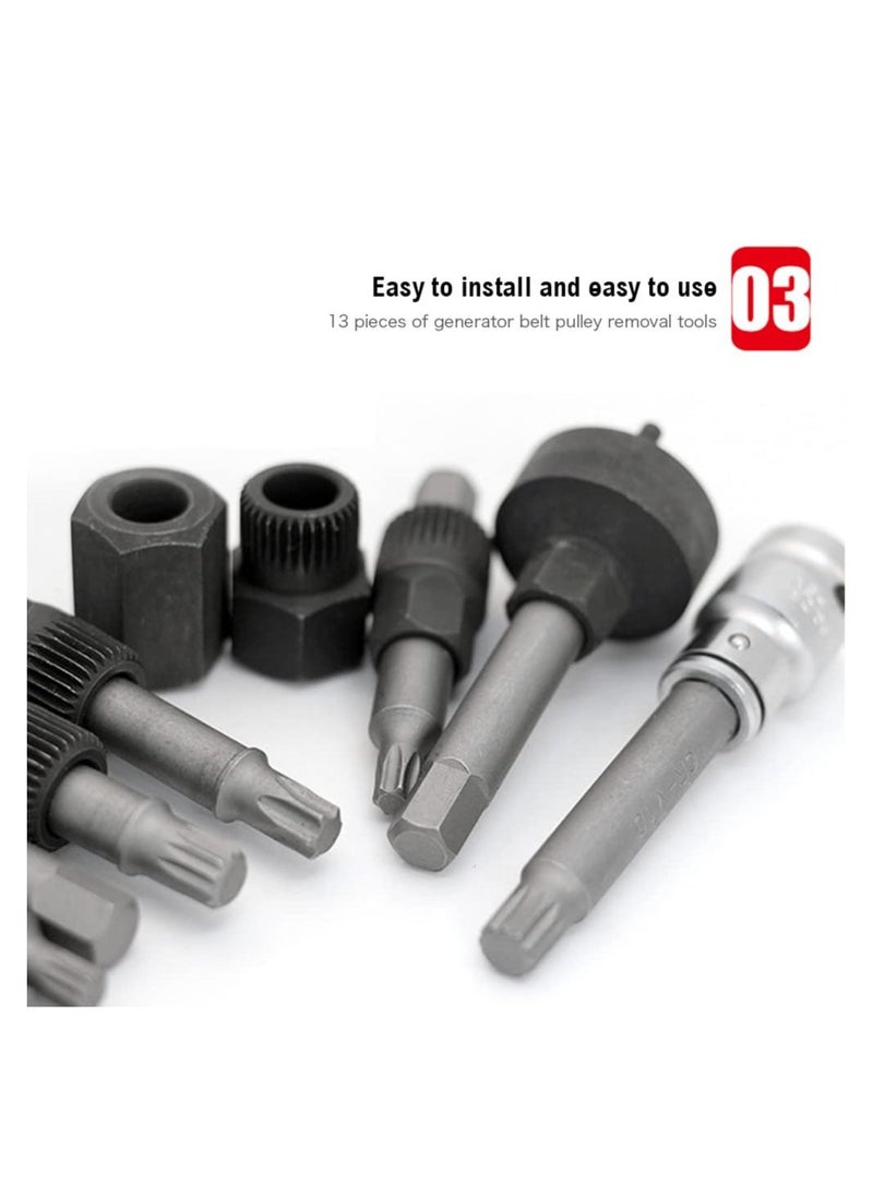 Generic - 13 Pieces Alternator Pulley Remove and Install Tool Set Generator Belt Pulley Disassembly Wrench Pulley Remover - Image 1