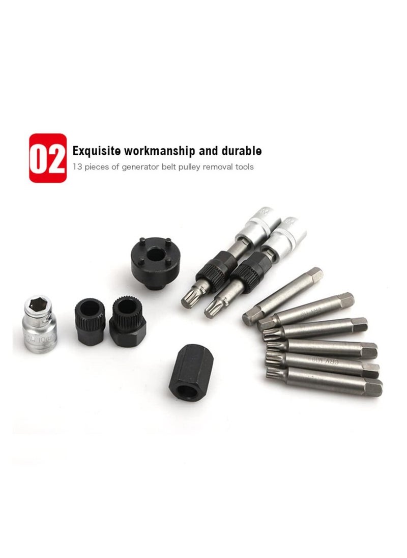 Generic - 13 Pieces Alternator Pulley Remove and Install Tool Set Generator Belt Pulley Disassembly Wrench Pulley Remover - Image 1