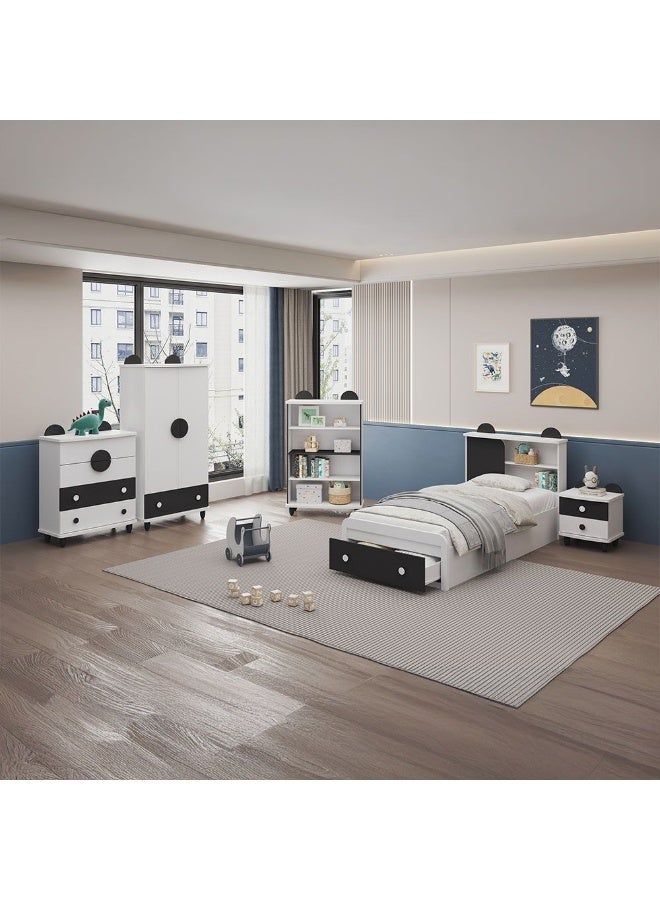 DANUBE HOME سرير باندا 90X190 مع رأس سرير و تخزين أمامي بتصميم حديث إطار سرير خشبي مفرد أثاث سرير مريح (الماتريس غير مشمول) L210Xw98.8Xh100Cm-أبيض وأسود - Image 1