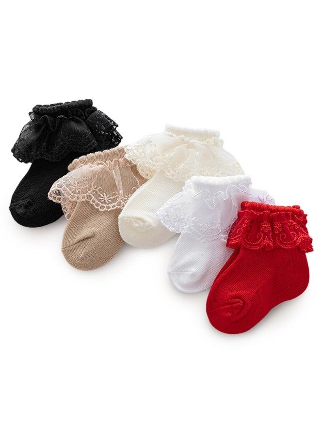 Baby Embroidered Lace Trim Socks, Short Cuff, Girls, 5-Pair Pack - Image 1