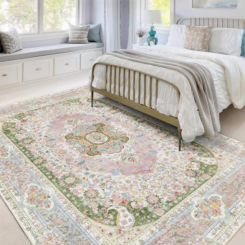 Castage 5x7 Area Rugs Washable,Pink Rug for Living Room Bedroom Kitchen,Large Boho Vintage Bohemian Distressed Carpet Non Slip,Blush Green - Image 4