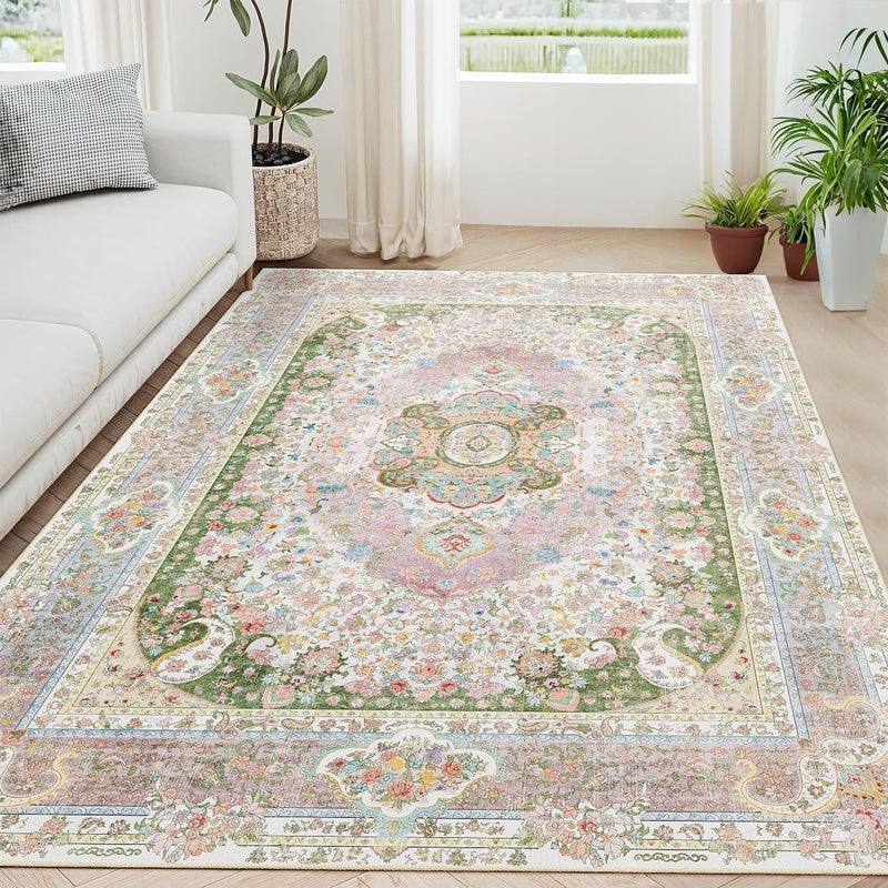Castage 5x7 Area Rugs Washable,Pink Rug for Living Room Bedroom Kitchen,Large Boho Vintage Bohemian Distressed Carpet Non Slip,Blush Green - Image 1