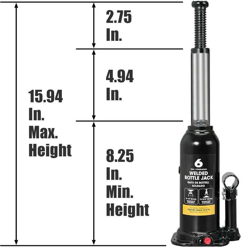 Torin 6 Ton (12,000 LBs) Capacity Hydraulic Welded Bottle Jack, Black - Image 2