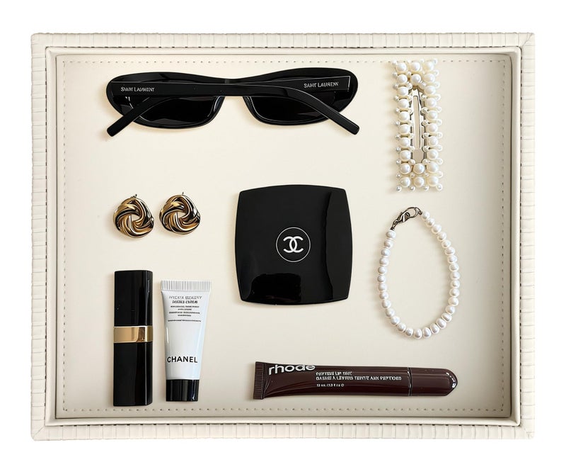 HofferRuffer Faux Leather Vanity Tray, Elegant Desktop Storage Organizer, Decorative Catchall for Perfume, Bathroom Valet, Nightstand or Dresser, 10.2 x 8.4 x 1.8 inches (CreamWhite Stripe) - Image 1