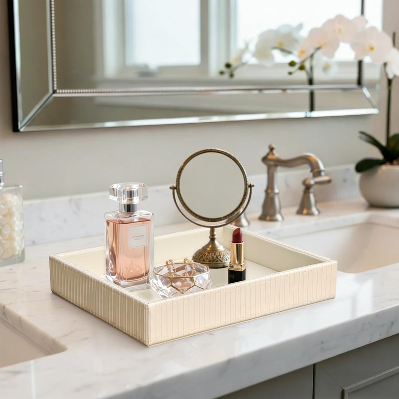 HofferRuffer Faux Leather Vanity Tray, Elegant Desktop Storage Organizer, Decorative Catchall for Perfume, Bathroom Valet, Nightstand or Dresser, 10.2 x 8.4 x 1.8 inches (CreamWhite Stripe) - Image 5
