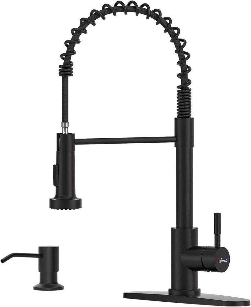 APPASO Black Kitchen Faucet with Soap Dispenser and Pull Down Sprayer, SUS304 Stainless Steel Commercial Single-Handle Spring Faucet for Kitchen Sink, Matte Black - Image 1