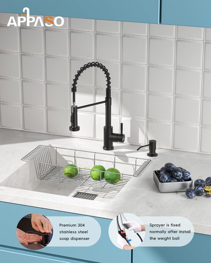 APPASO Black Kitchen Faucet with Soap Dispenser and Pull Down Sprayer, SUS304 Stainless Steel Commercial Single-Handle Spring Faucet for Kitchen Sink, Matte Black - Image 3