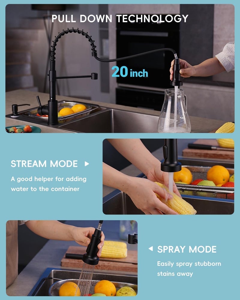 APPASO Black Kitchen Faucet with Soap Dispenser and Pull Down Sprayer, SUS304 Stainless Steel Commercial Single-Handle Spring Faucet for Kitchen Sink, Matte Black - Image 2