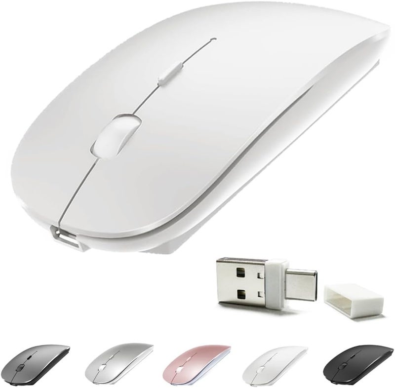 KLO فأرة بلوتوث قابلة لإعادة الشحن بأربعة أوضاع BT3.0/5.2+USB-2.4G/Type-C، فأرة لاسلكية لجهاز MacBook Pro/MacBook Air/لابتوب/iMac/iPad/دفتر/كمبيوتر شخصي (BT/USB-C أبيض) - Image 1