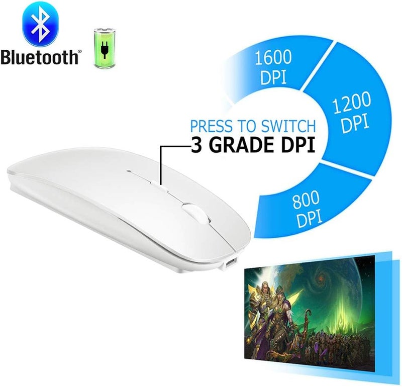KLO فأرة بلوتوث قابلة لإعادة الشحن بأربعة أوضاع BT3.0/5.2+USB-2.4G/Type-C، فأرة لاسلكية لجهاز MacBook Pro/MacBook Air/لابتوب/iMac/iPad/دفتر/كمبيوتر شخصي (BT/USB-C أبيض) - Image 2