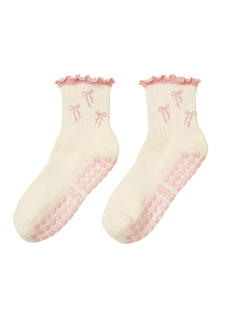 Shapes Studio Half Calf Grip Socks, Cute Fruit Pilates Socks, Ruffle Socks, Non-Slip for Barre Yoga (US, Numeric, 5, 10, Regular, Regular, Soft Pink Bow, Effortless Club) - Image 1