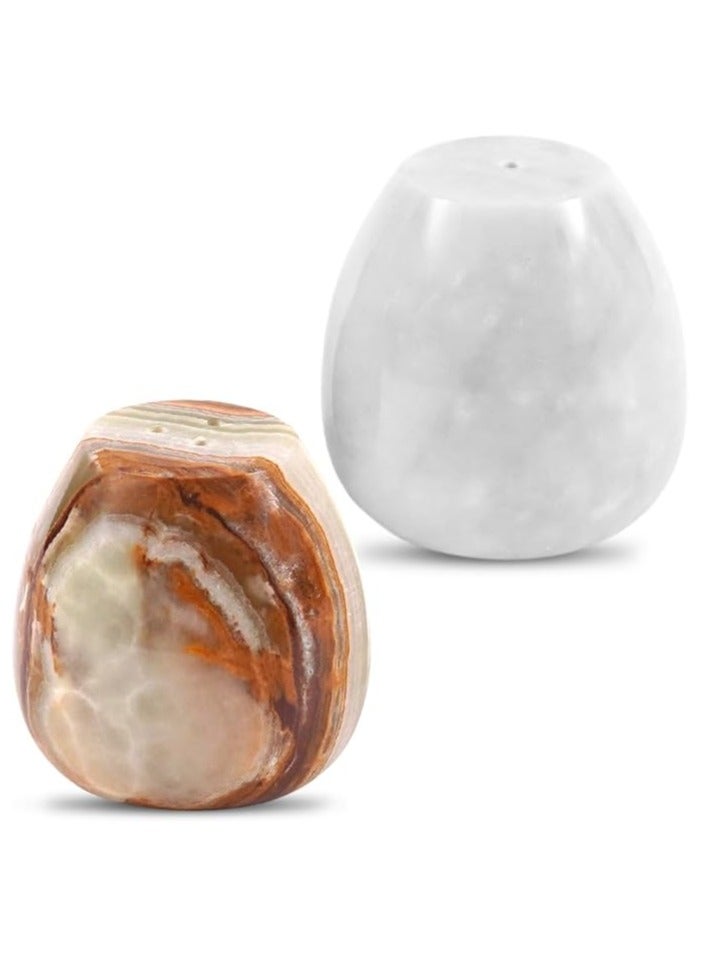 راديكالن مجموعة من علب الملح والفلفل على شكل بيضة من الرخام، مكونة من قطعتين، مصنوعة من العقيق الأخضر والأبيض، مقاس 2.3 بوصة، وموزع توابل للمطبخ والتخزين المنزلي - Image 1