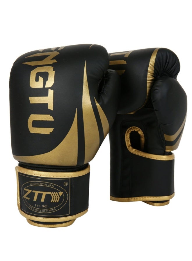 fdsport 10OZ Boxing Gloves for Men & Women, PU Leather Training Gloves with Shock Absorbing Padding, Wrist Support Strap, Muay Thai Kickboxing MMA Punching Bag Workout Gloves, Black Gold - Image 1