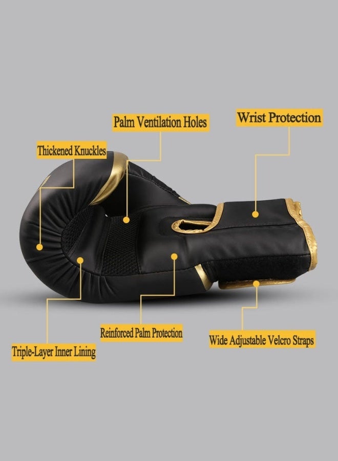 fdsport 10OZ Boxing Gloves for Men & Women, PU Leather Training Gloves with Shock Absorbing Padding, Wrist Support Strap, Muay Thai Kickboxing MMA Punching Bag Workout Gloves, Black Gold - Image 2
