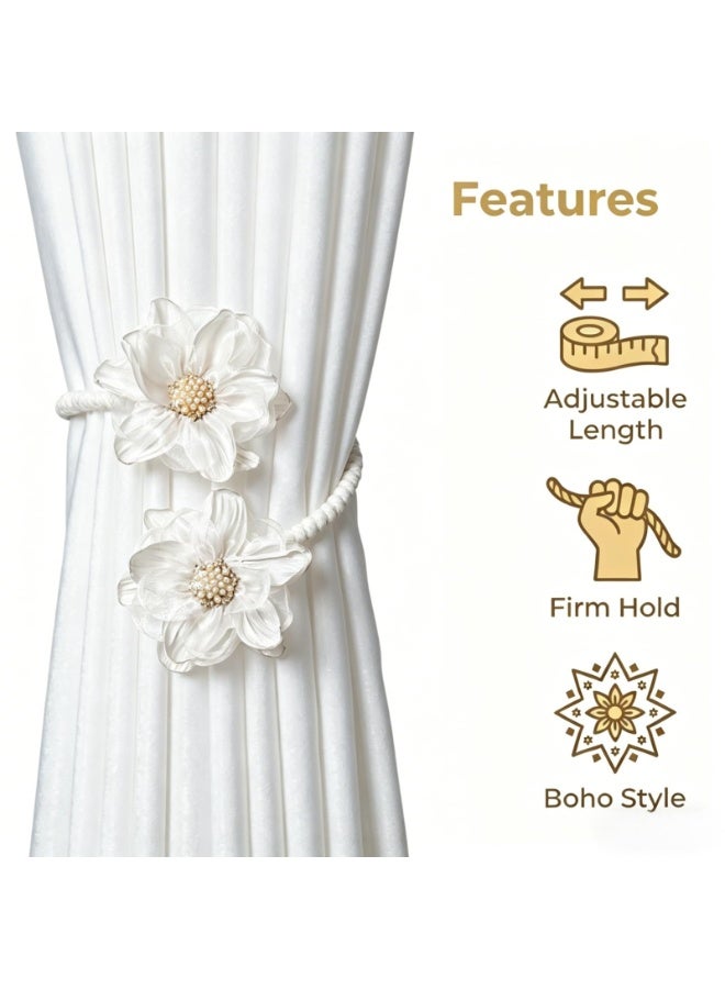 2 Pack Boho Flower Curtain Tiebacks, White Sunflower Decorative Rope Holdback, No Drill Curtain Ties for Bedroom Window Home Office Decor - Image 5