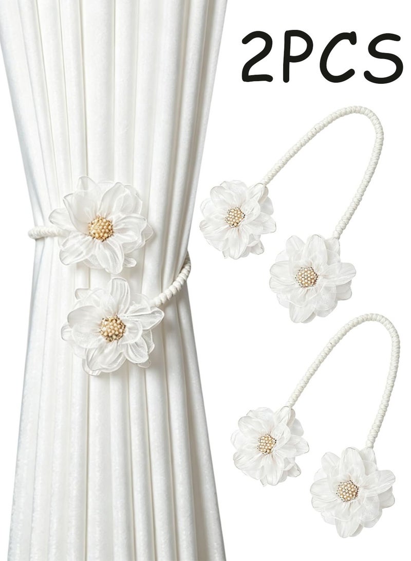 2 Pack Boho Flower Curtain Tiebacks, White Sunflower Decorative Rope Holdback, No Drill Curtain Ties for Bedroom Window Home Office Decor - Image 1