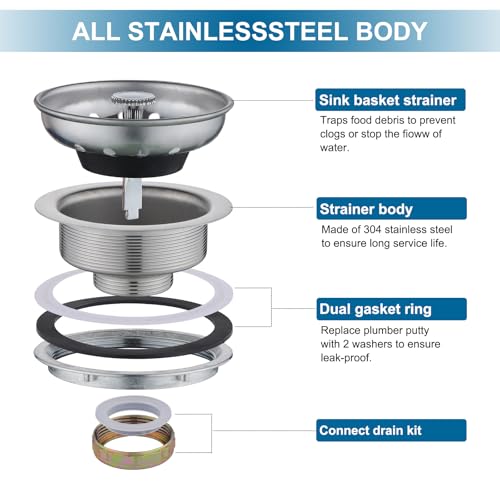 ZM Kitchen Sink Stainless Steel Basket Strainer with Drain Assembly, 3-1/2 Inch Sink Drain Stopper Plug - Image 2